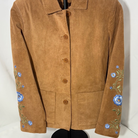 Roper tan suede jacket sz small with blue flower embroidery - Picture 1 of 4